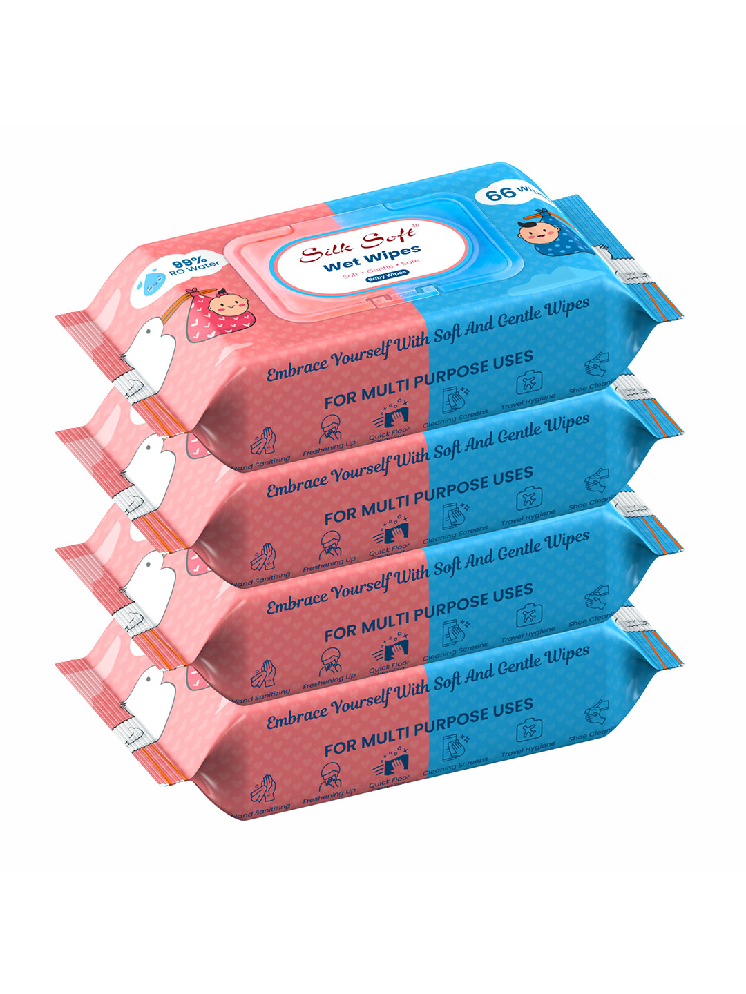 Silk Soft Set Of 4 Multipurpose Baby Wet Wipes - 66 Pcs Each