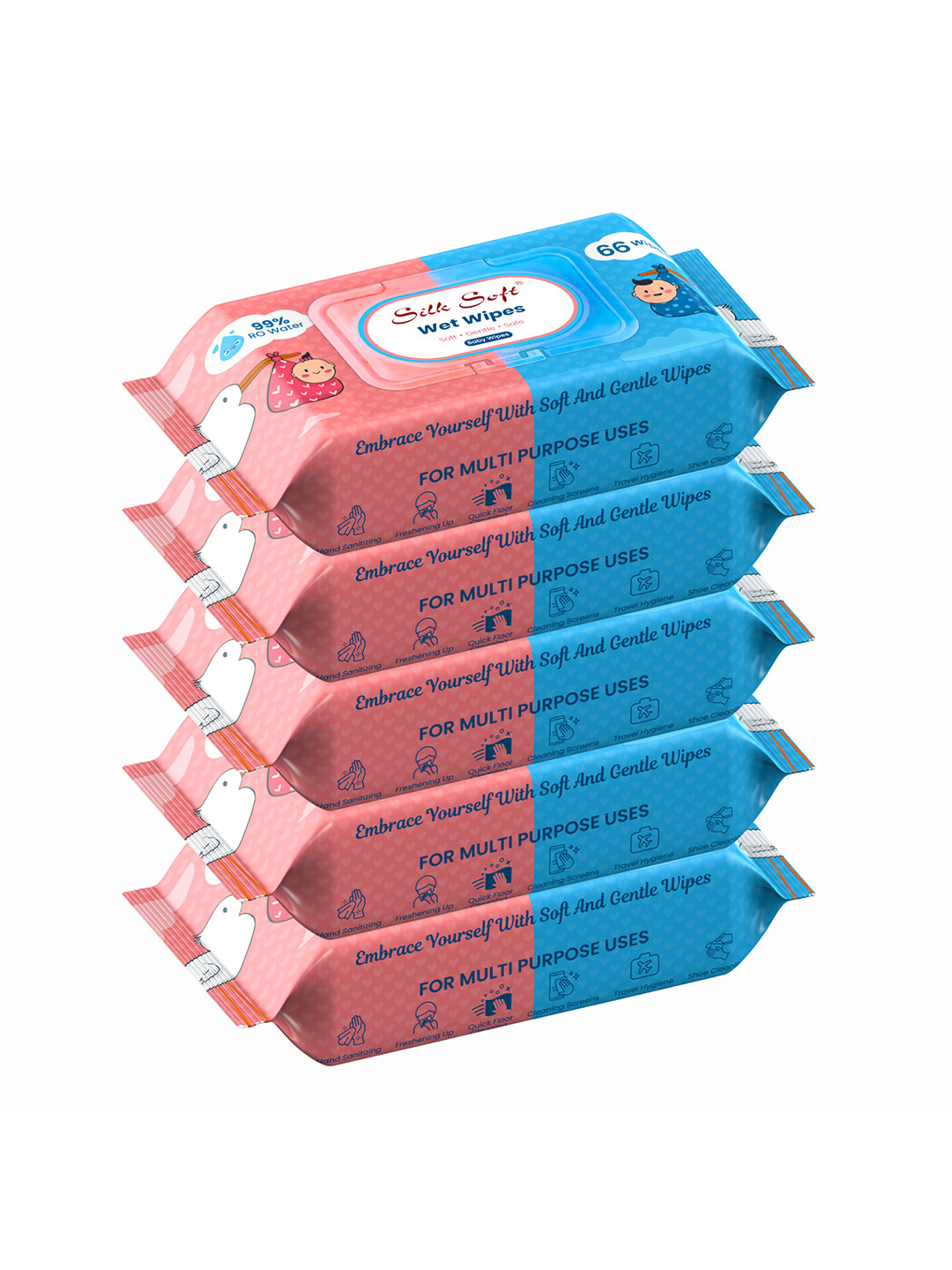 Silk Soft Set Of 5 Multipurpose Baby Wet Wipes - 66 Pcs Each