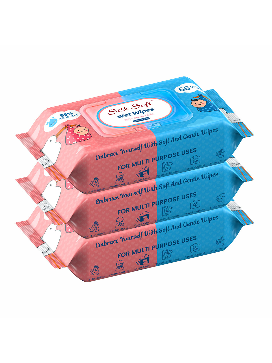 Silk Soft Set Of 3 Multipurpose Baby Wet Wipes - 66 Pcs Each
