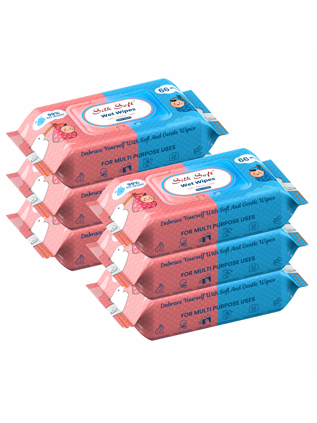 Silk Soft Set Of 6 Multipurpose Baby Wet Wipes - 66 Pcs Each