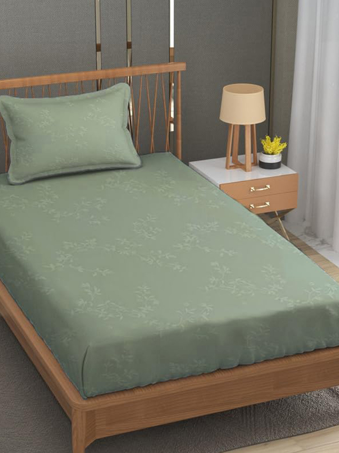Trance Home Linen Green Floral Egyptian Cotton Stain Resistant 300 TC Fitted Single Fine Bedsheet with a Pillow Cover-72 x 30 inches
