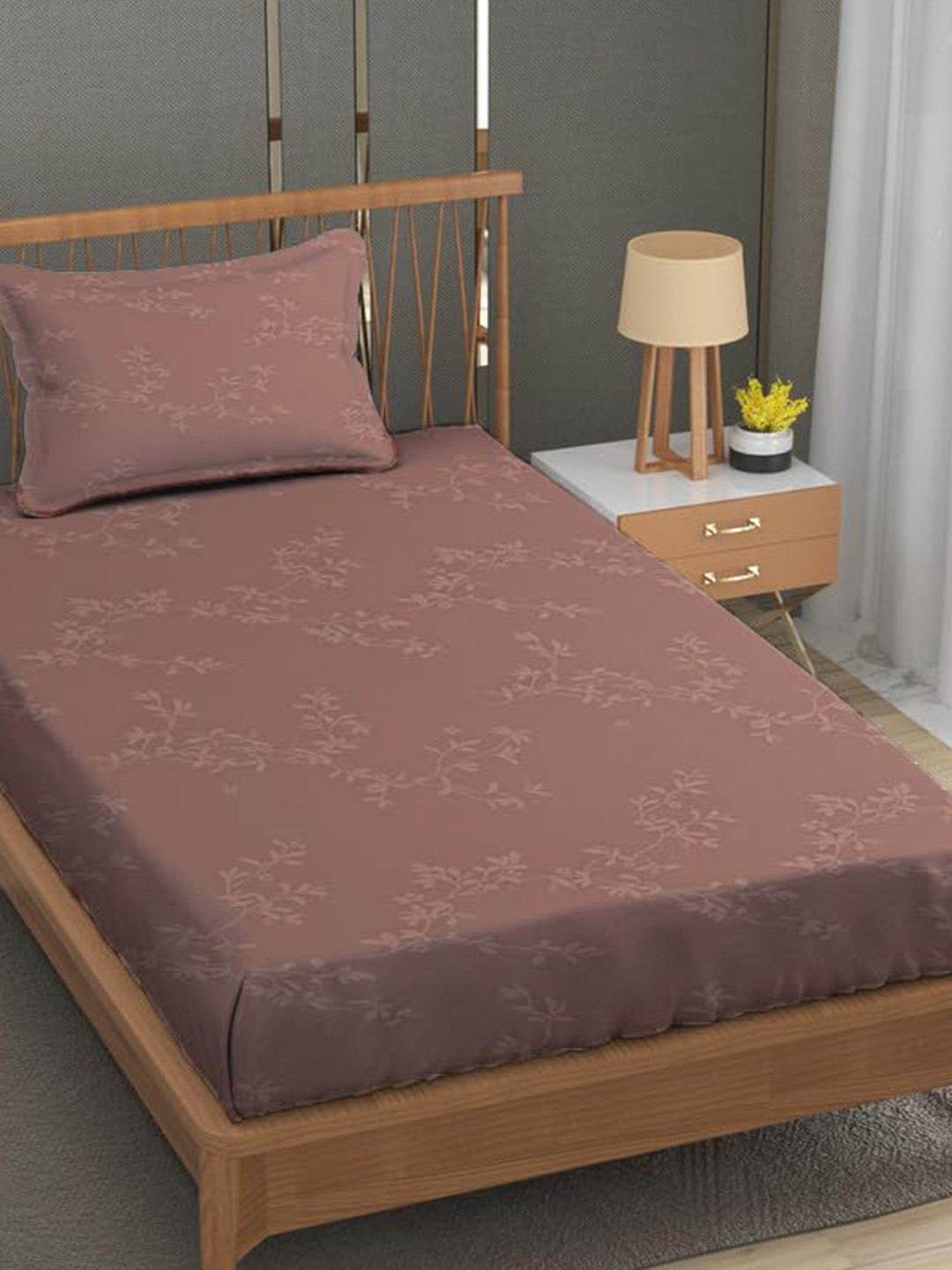 Trance Home Linen Rose Leaf Egyptian Cotton 300 TC Single Fine Bedsheet with a Pillow Cover-75 x 36 inches