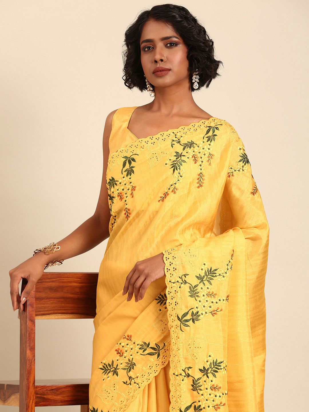 Mitera Floral Embroidered Cutwork Tussar Saree