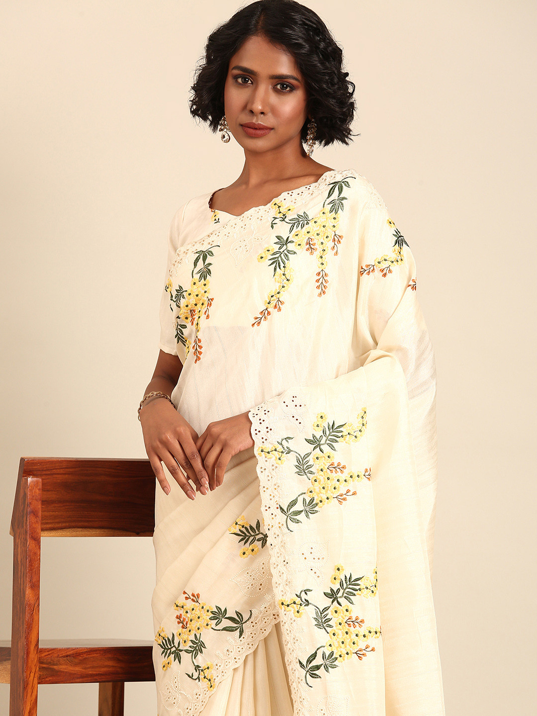 Mitera Floral Embroidered Cut work Tussar Saree