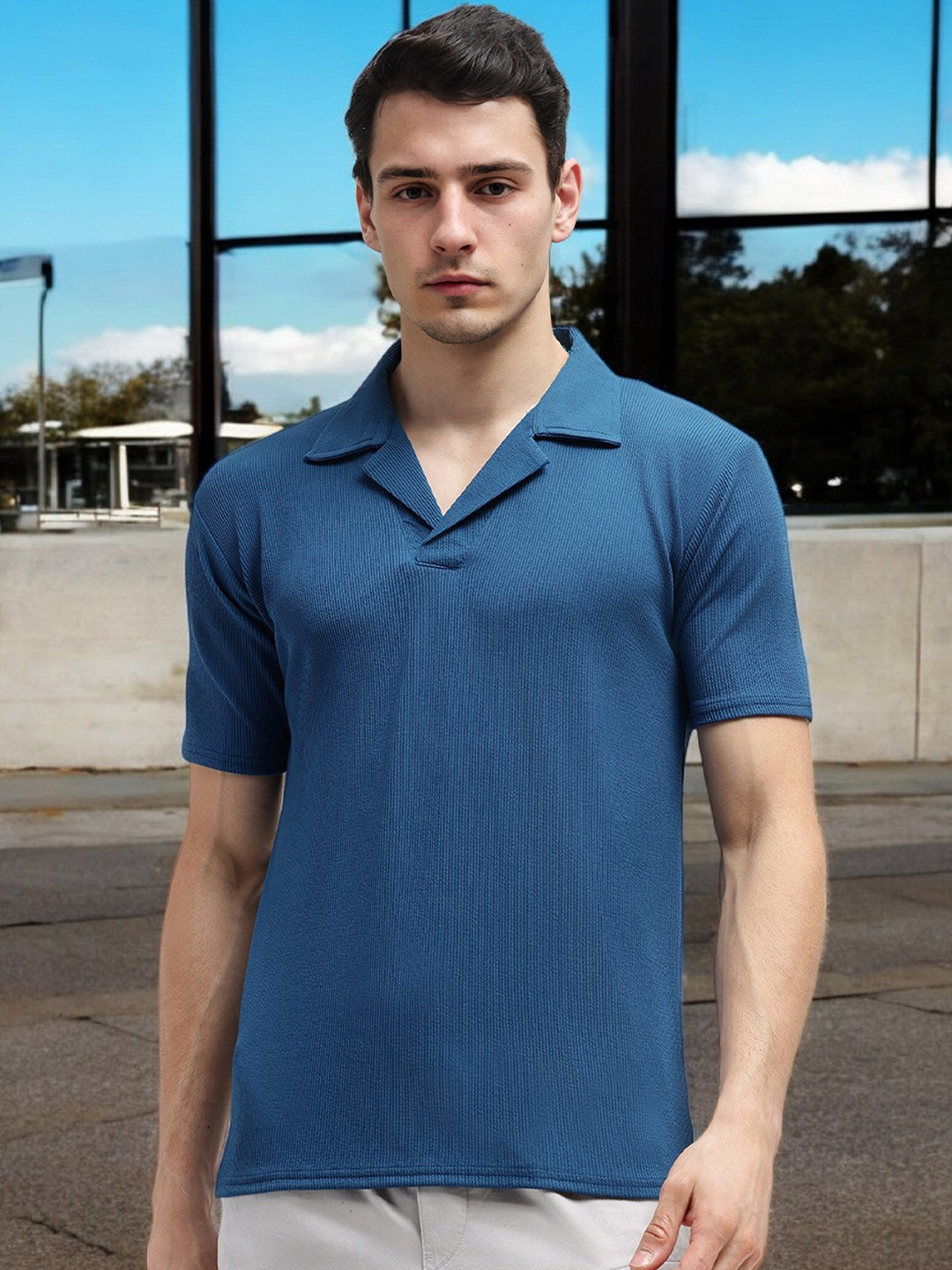 FARROWX Men Self Design Polo Collar T-shirt