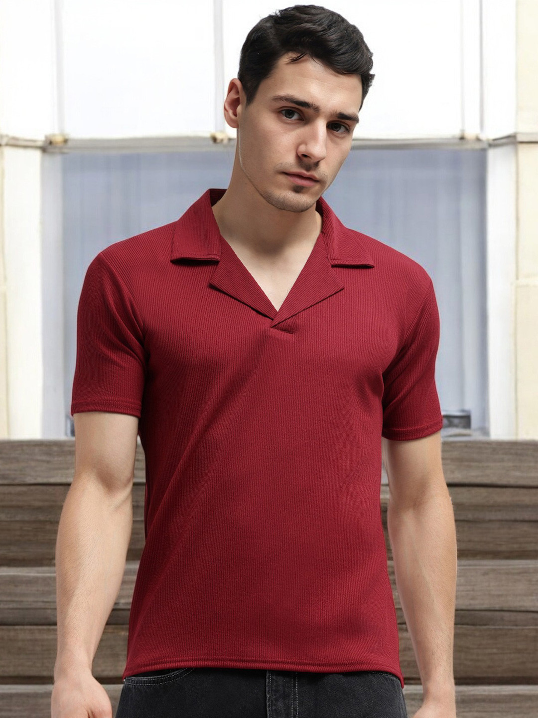 FARROWX Men Self Design Polo Collar T-shirt
