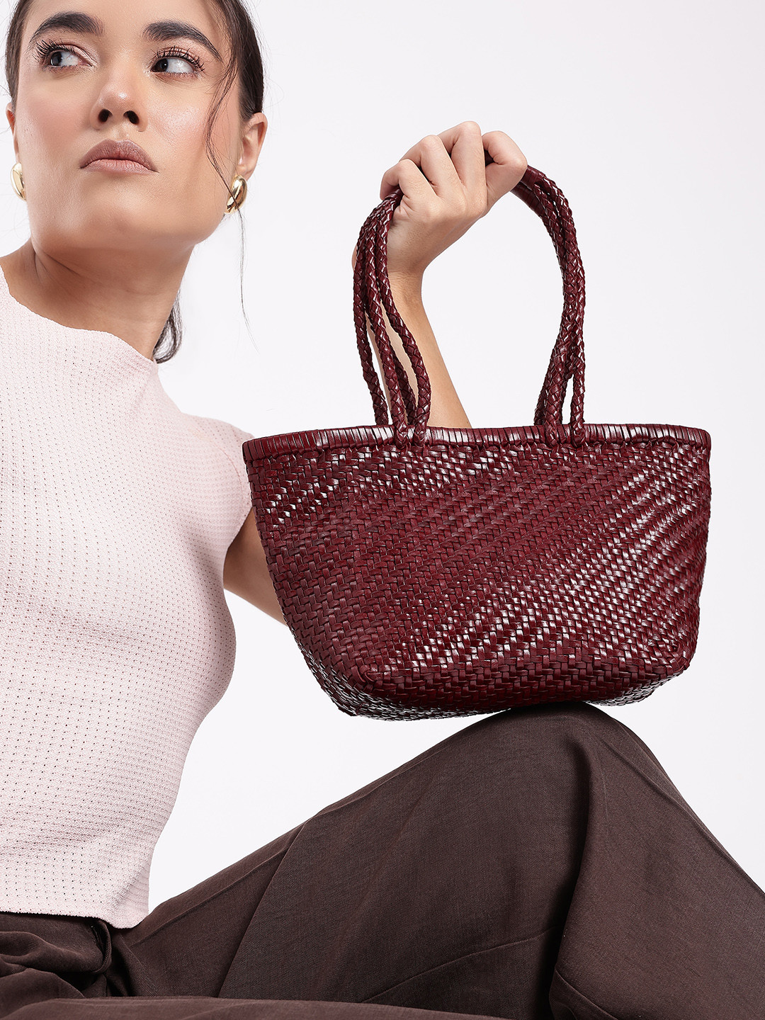 MANGO Leather Braided Structured Shoulder Bag