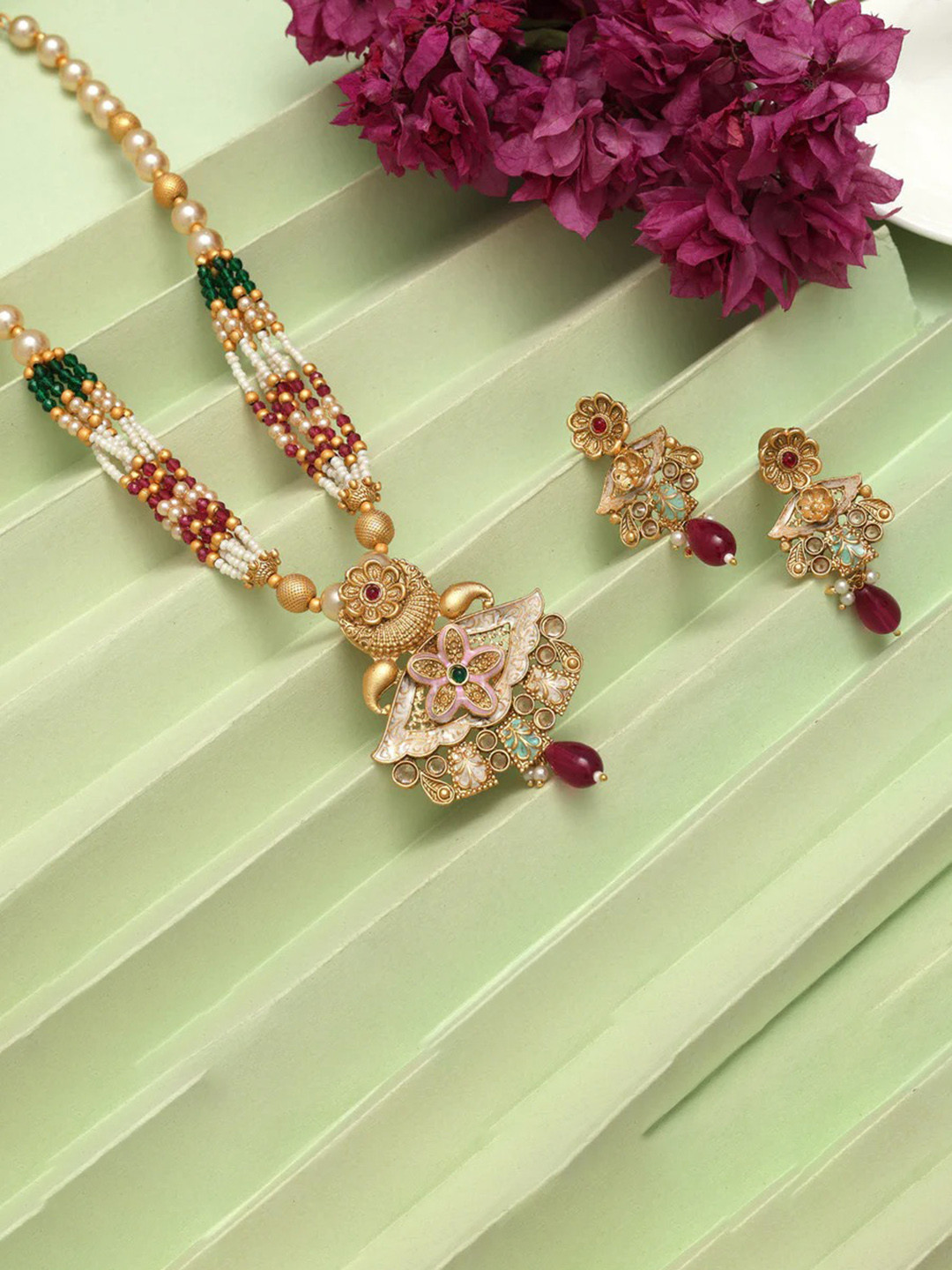 Aurum & You Stone Studded & Beaded Meenakari Jewellery Set