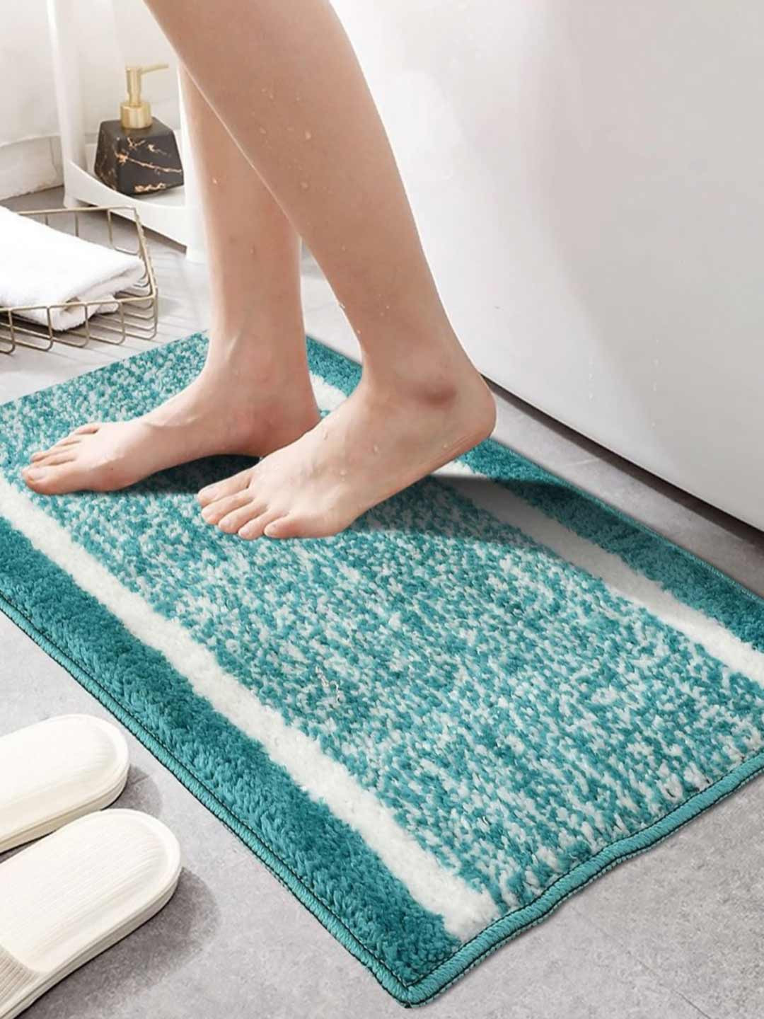 GBL COLLECTION Sea Green & White Textured Anti-Skid Bath Rug