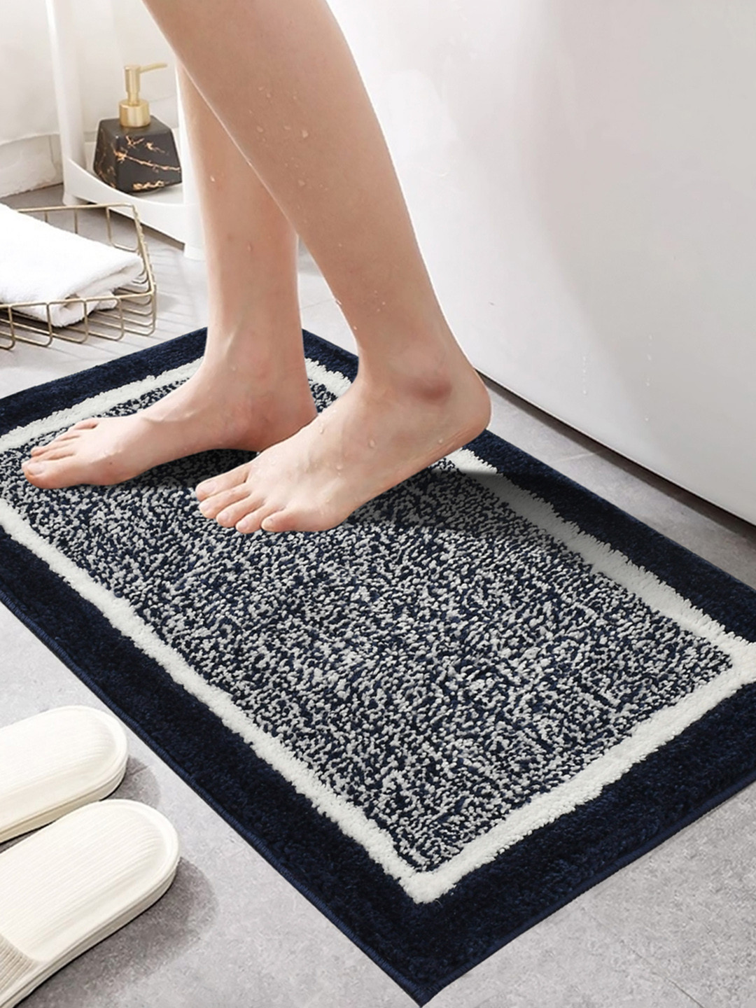 GBL COLLECTION Blue & White Microfiber Anti-Skid Bath Rug