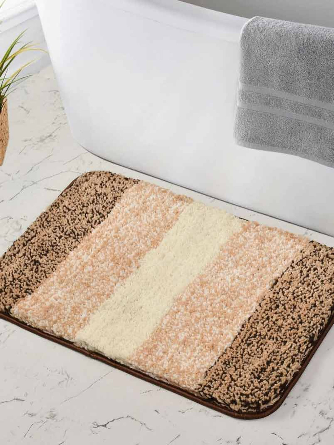 GBL COLLECTION Brown & Beige Textured Anti-Skid Bath Rug