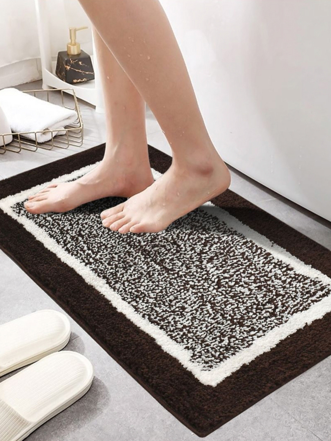 GBL COLLECTION Brown & White Textured Anti-Skid Bath Rug