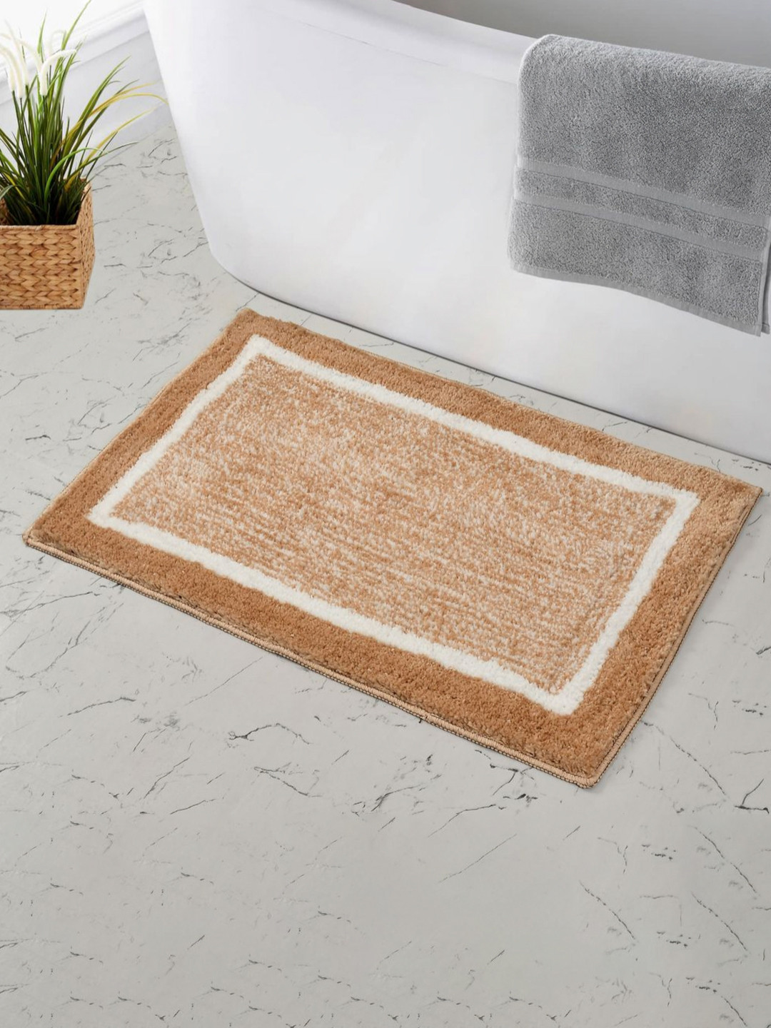 GBL COLLECTION Beige & White Textured Anti-Skid Bath Rug