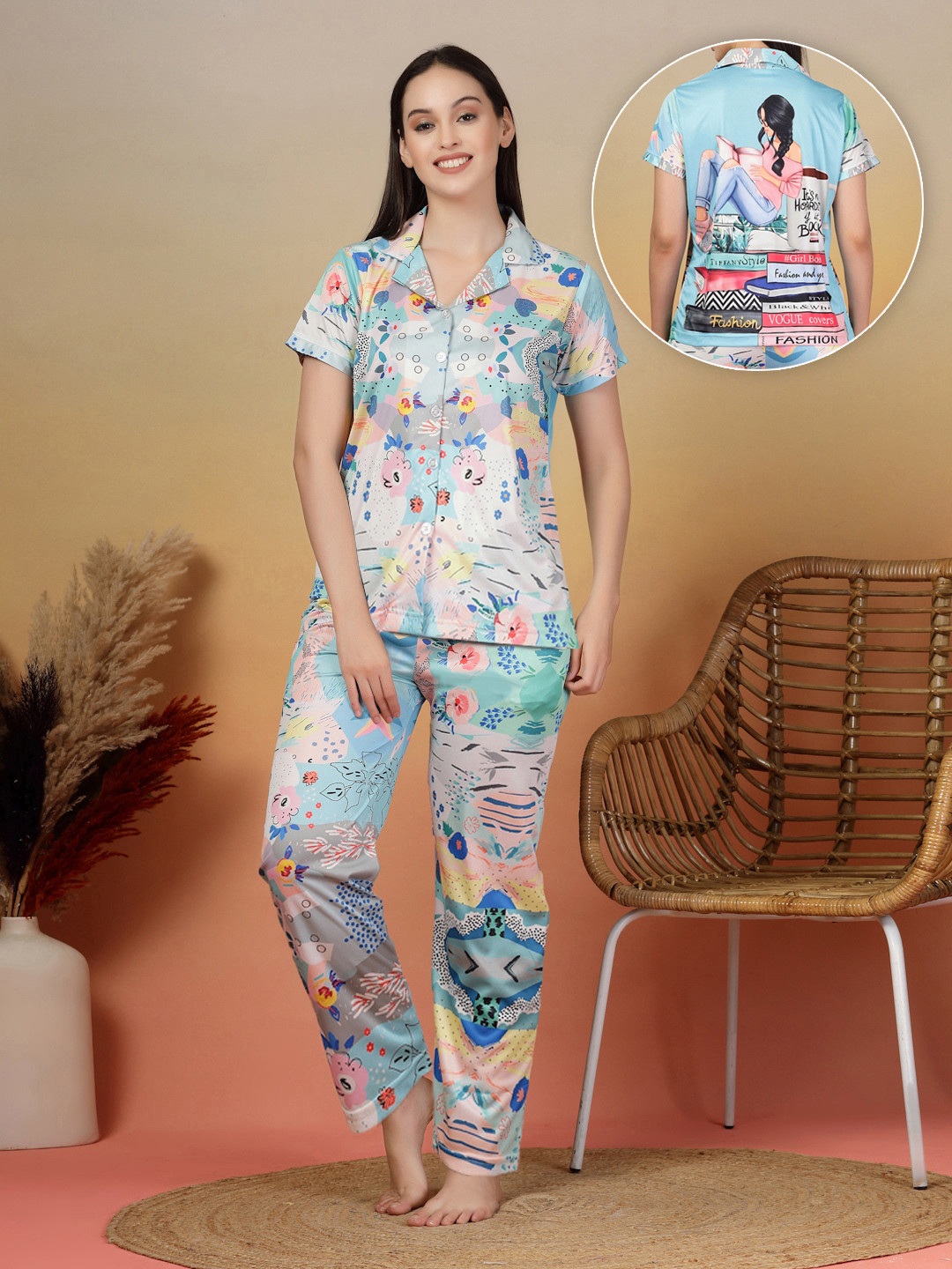 ETC 2 Pcs Abstract Printed Satin Night Suit