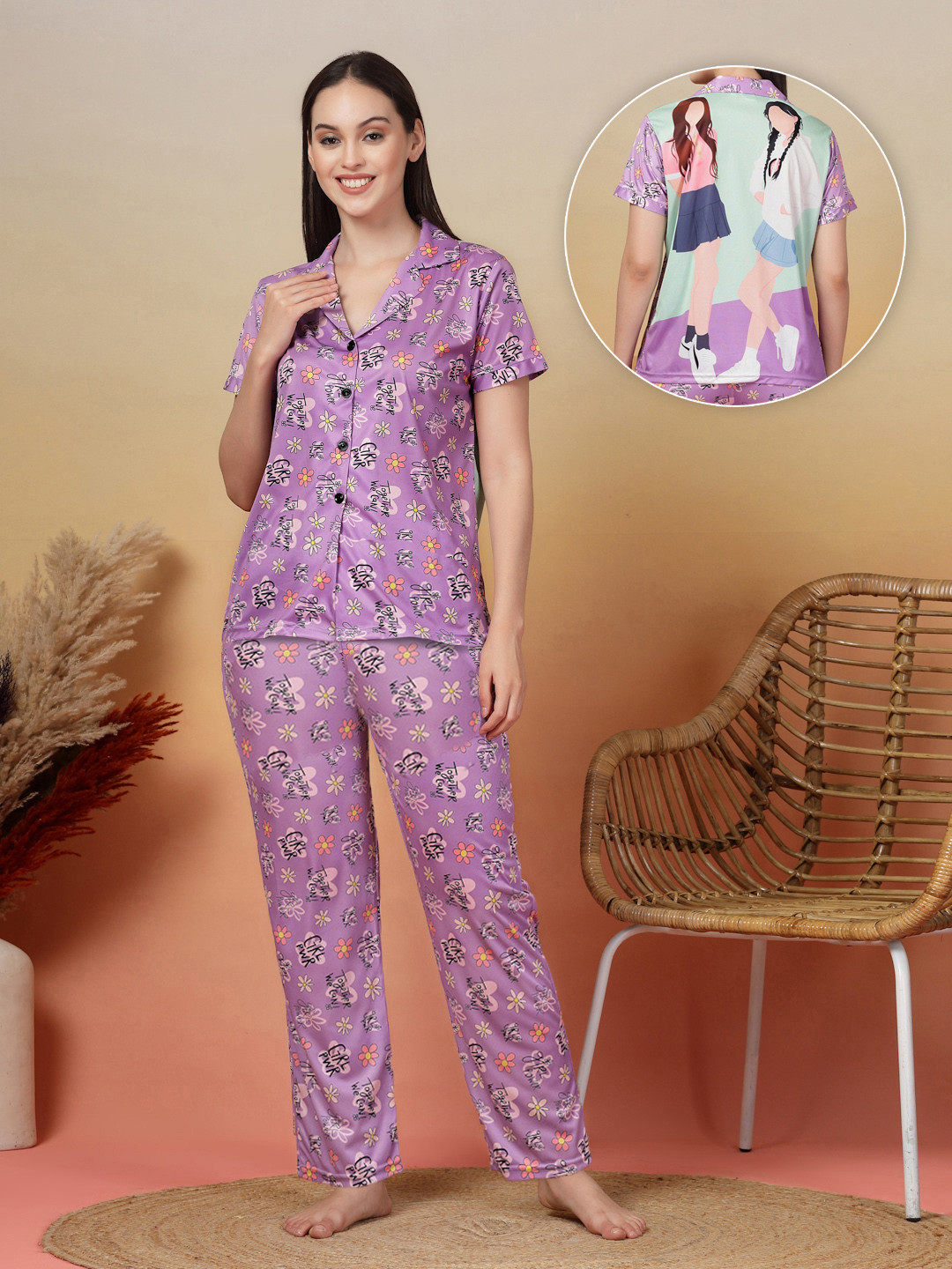 ETC Pink Abstract Graphic Printed Satin Women Night Suit