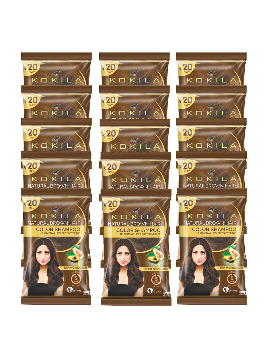 KOKILA Set Of 15 Hair Colour No Ammonia Shampoo Sachet - 15 ml Each - Brown