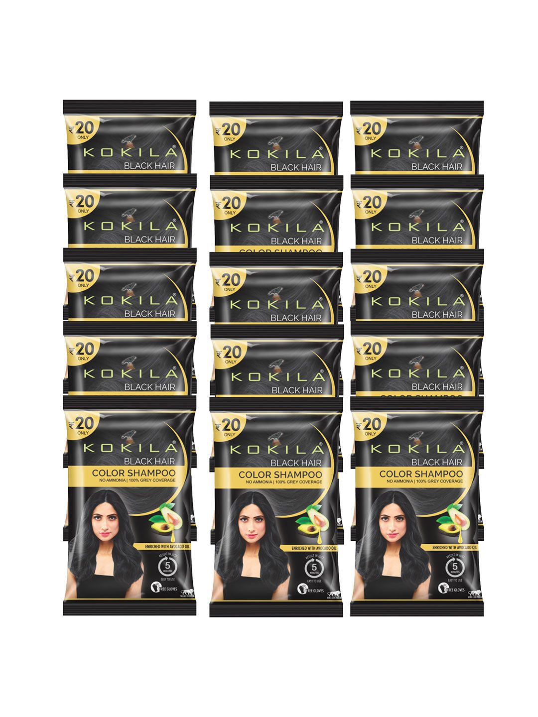KOKILA Set Of 15 Hair Color Shampoo Sachet- 15 ml Each- Black