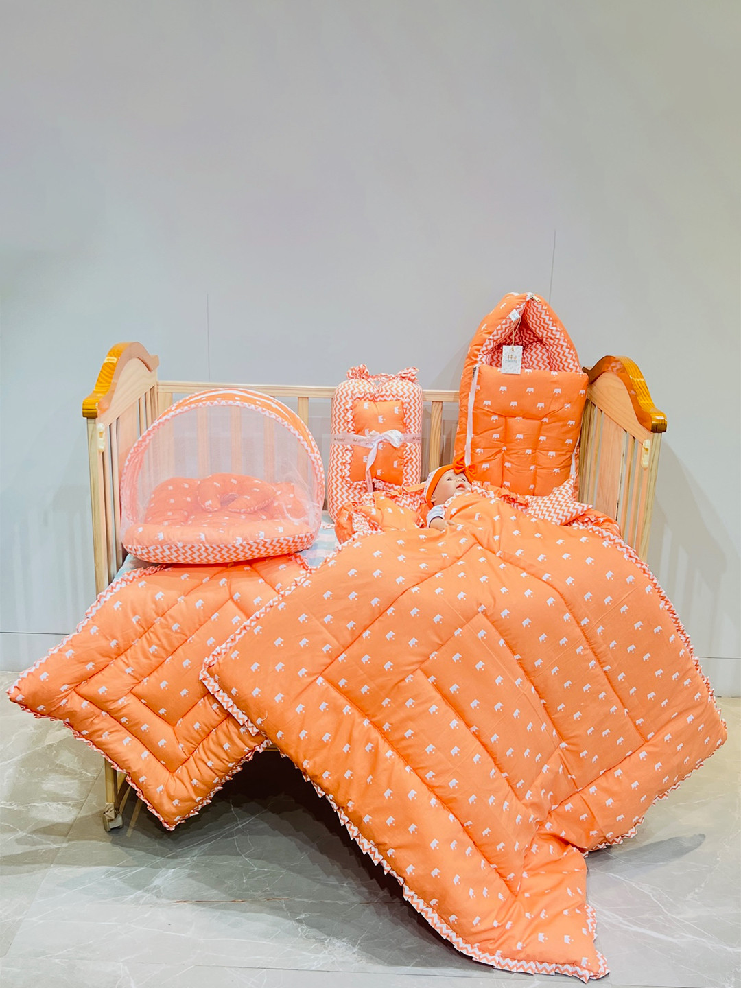Fareto Infants Orange-Colored & White Printed Bedding Essentials Baby Bed Sets