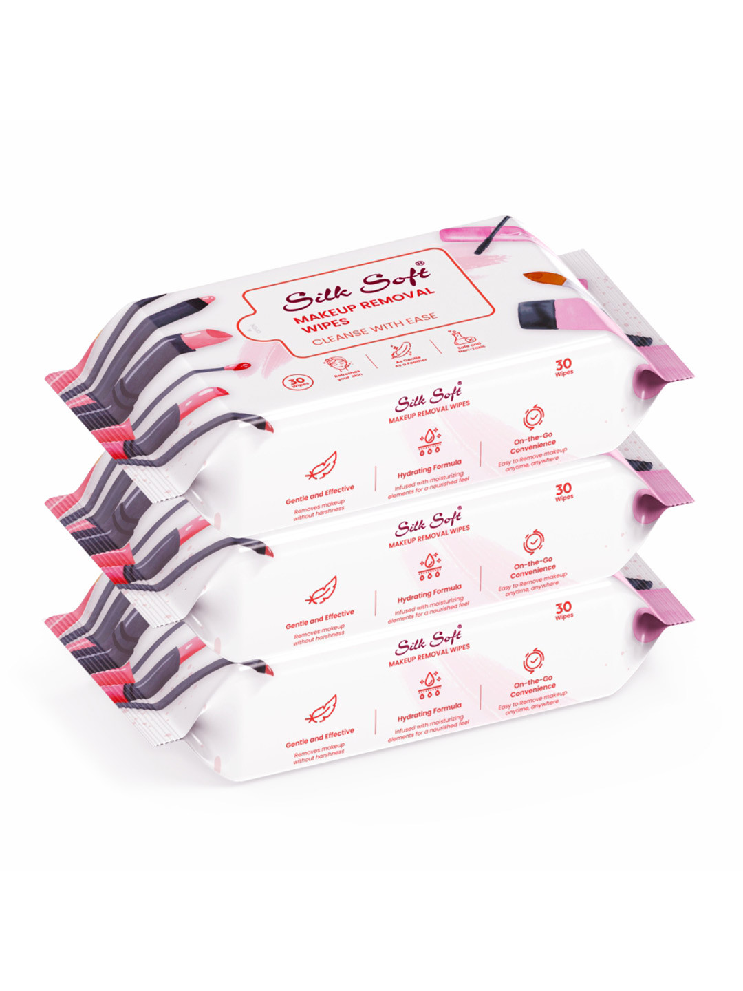 Silk Soft Set Of 3 Makeup Removal Wipes Clean With Ease- 30 Wipes Each