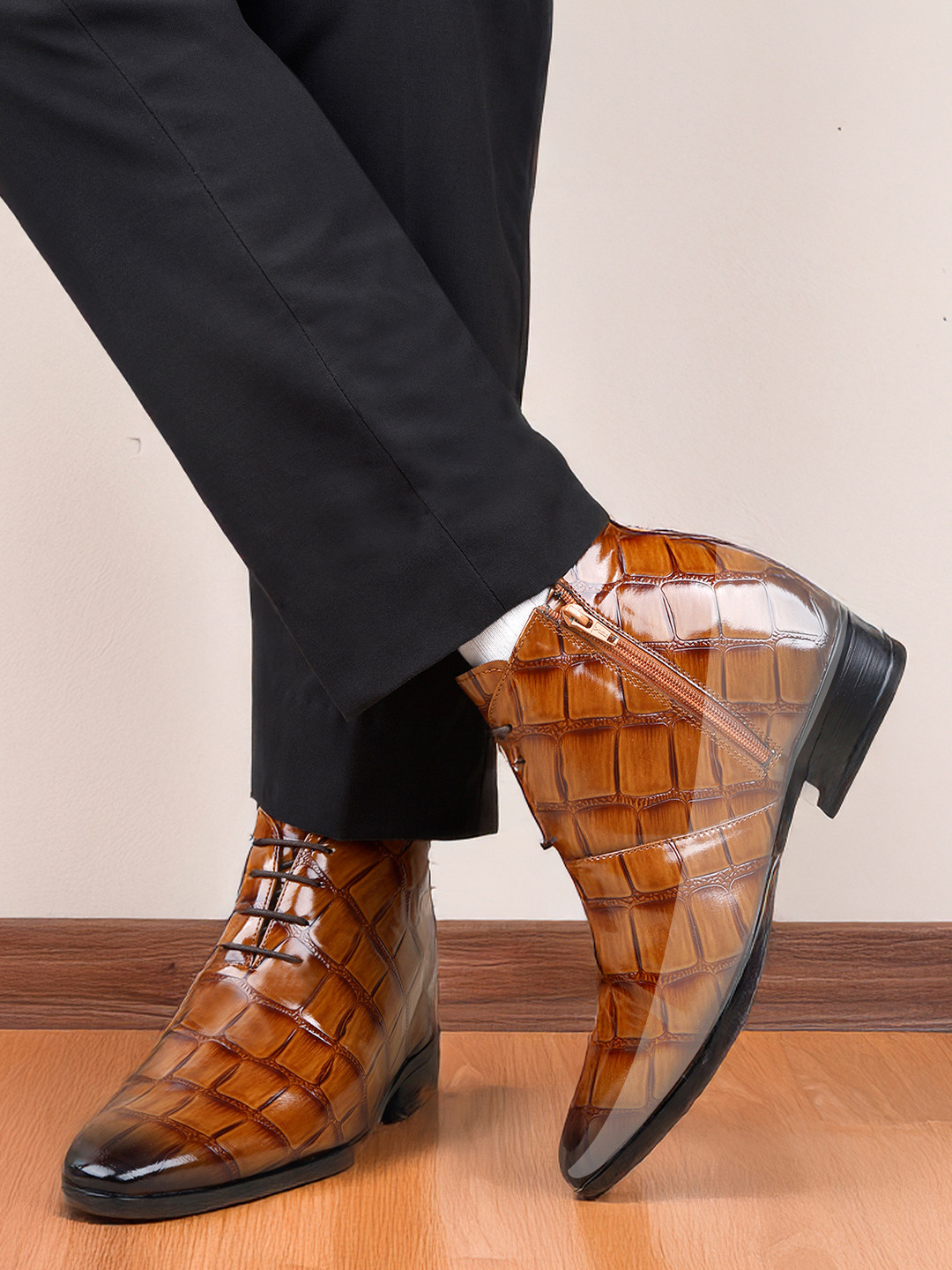 Bxxy Men Elevator Hidden Height Increasing Block-Heeled Oxford Lace-up Party Wear Boots.