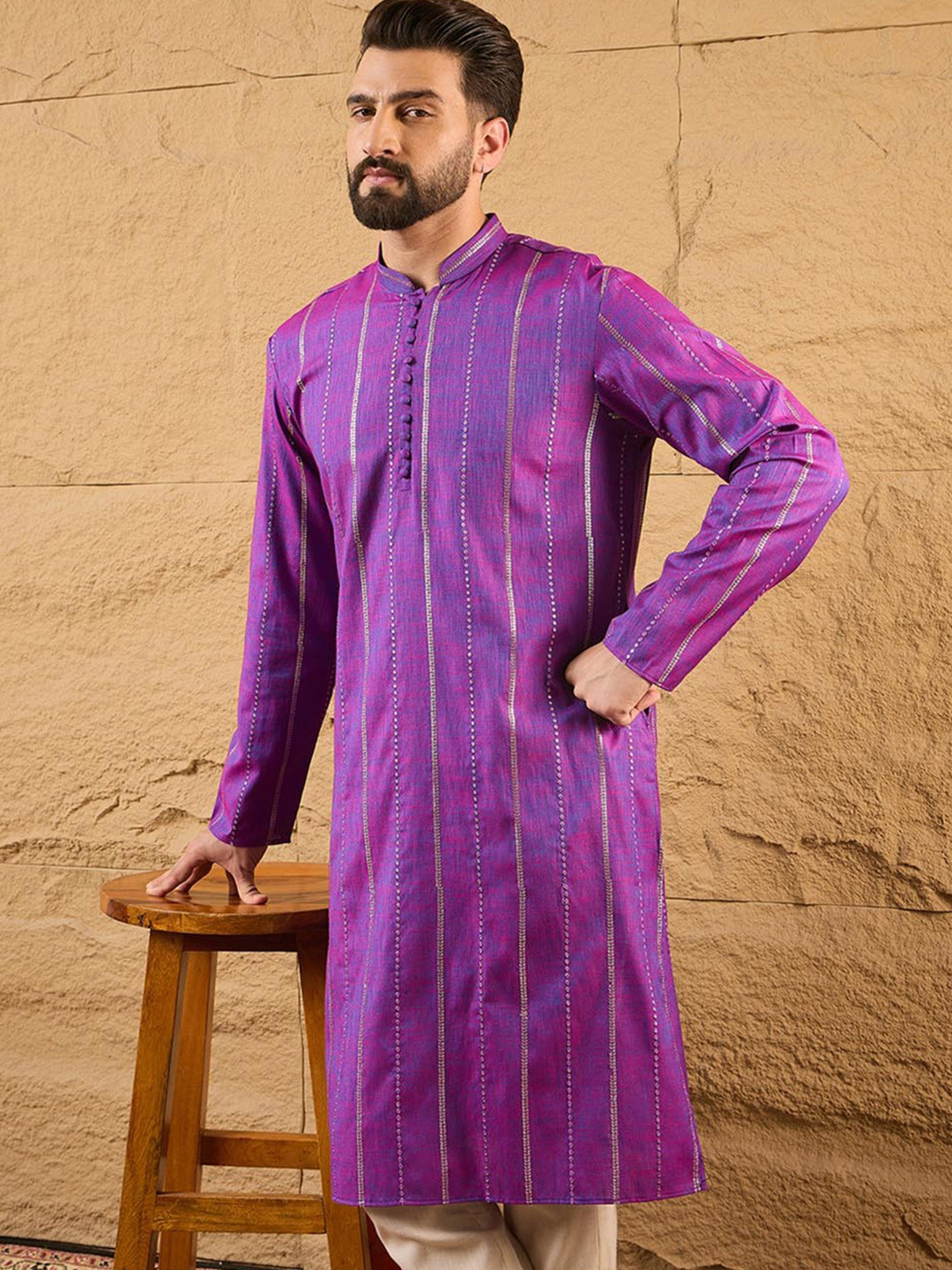 House of Pataudi Men Sequin Embroidered Cotton Straight Kurta