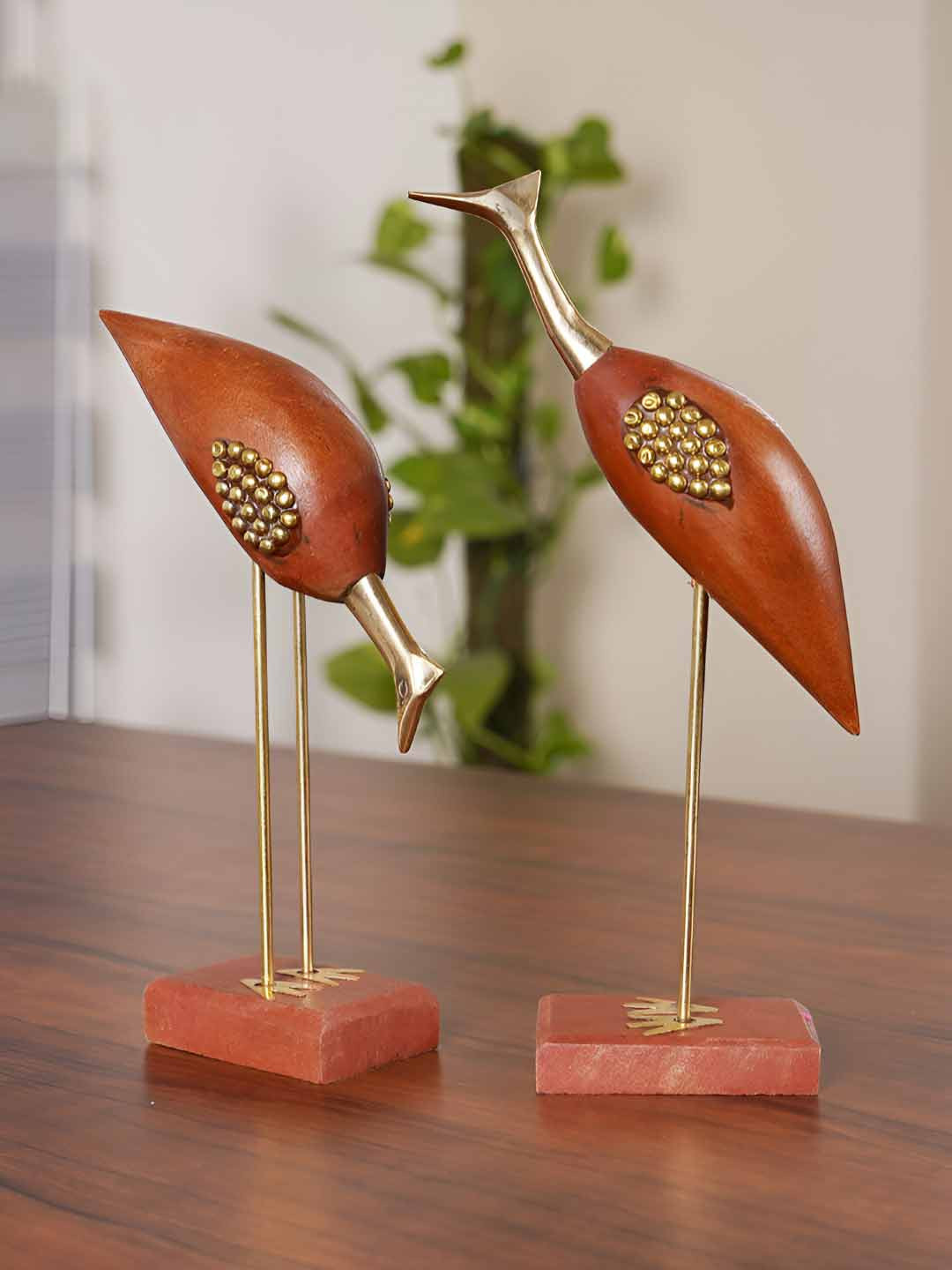 ADA Handicraft Saras Crane Couple Brown Wood Natural Garden Set of 2 Medium Showpieces - 11.4 Inches