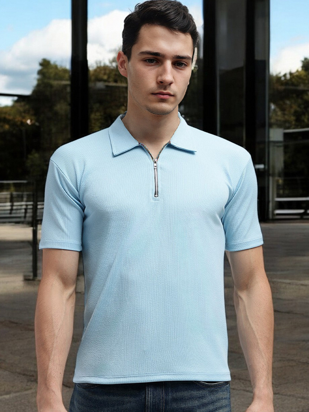 FARROWX Men Self Knitted Zipper Polo Collar T-shirt