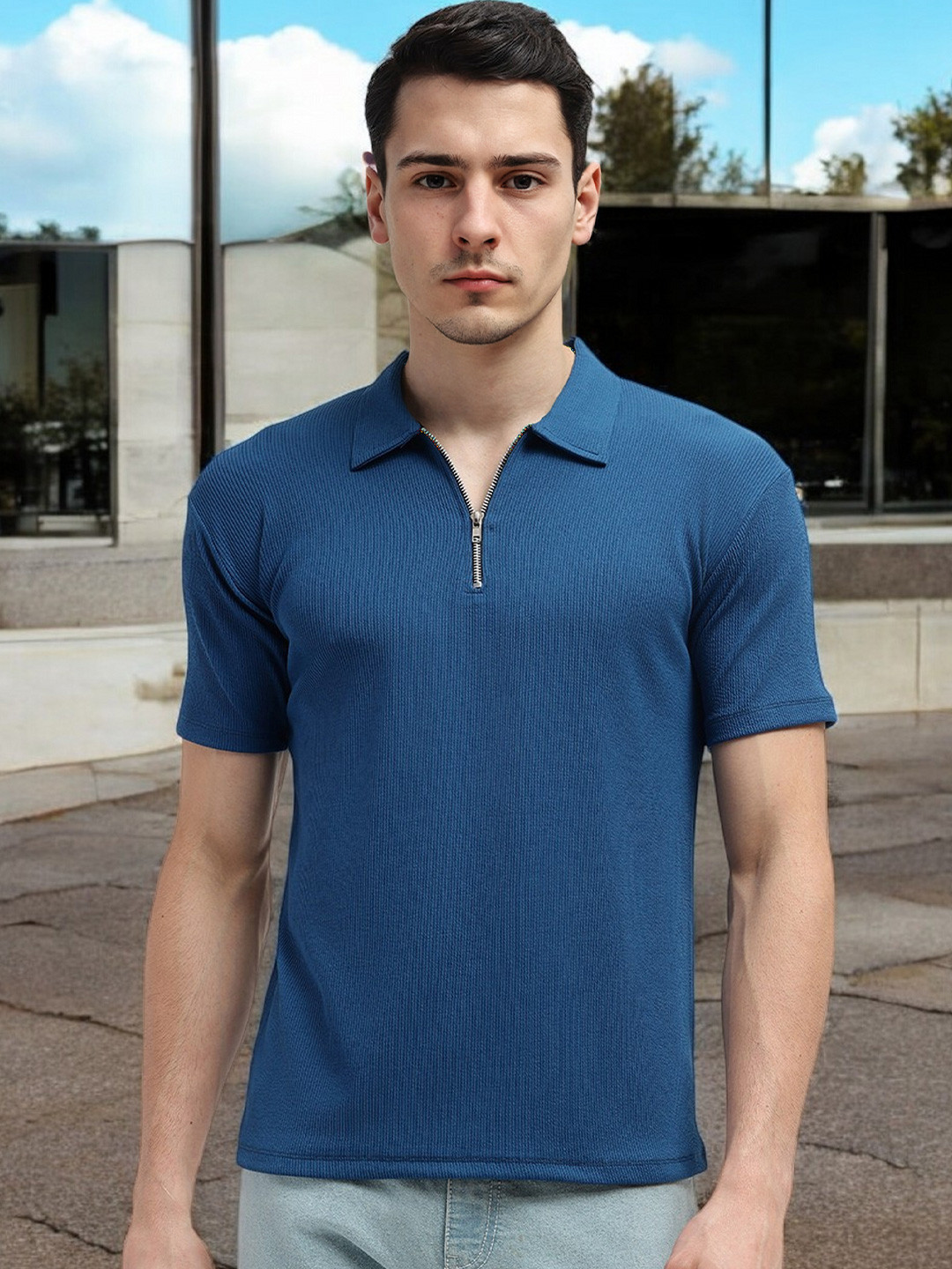 FARROWX Men Self Knitted Zipper Polo Collar T-shirt
