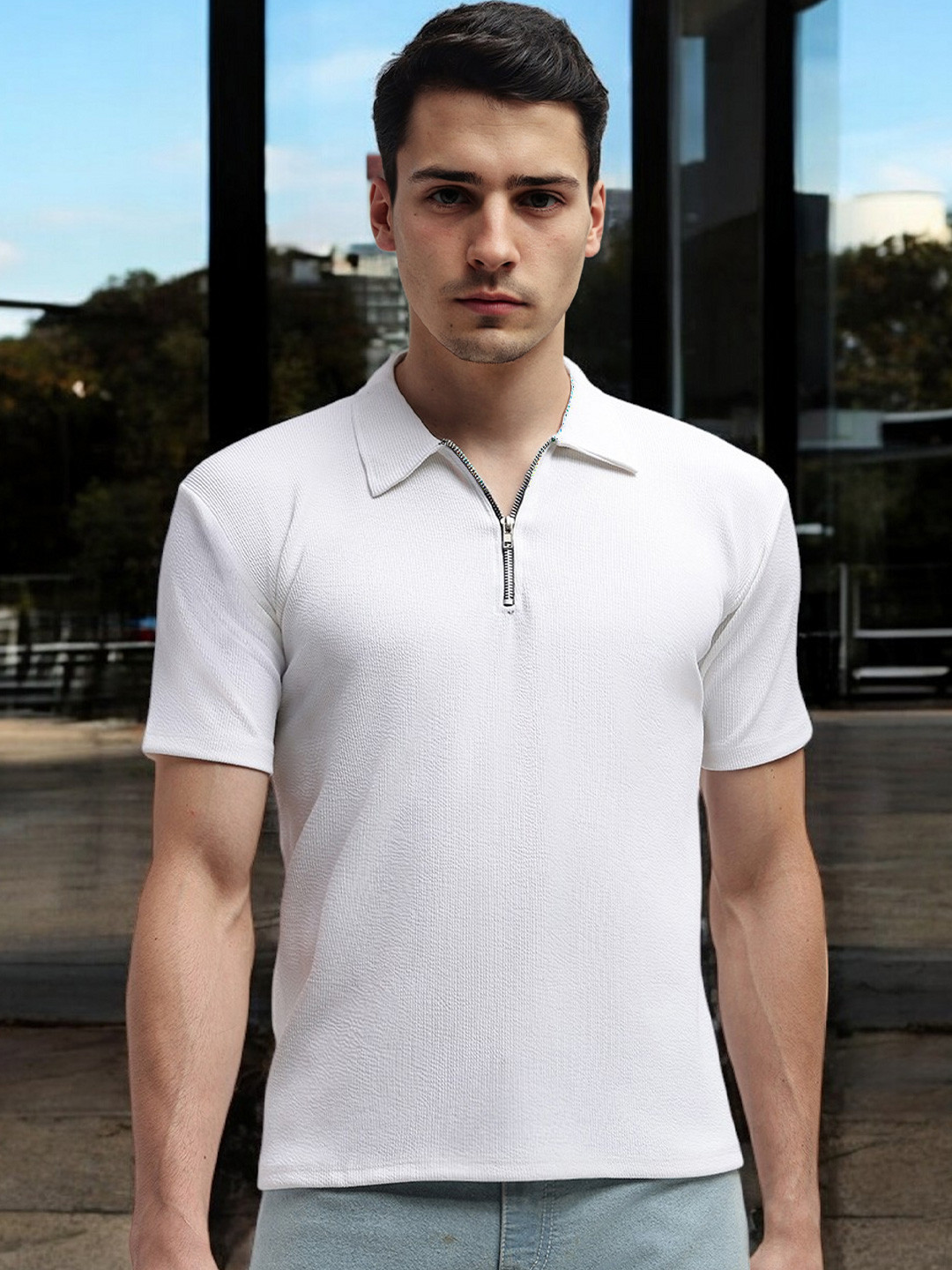 FARROWX Men Self Knitted Zipper Polo Collar T-shirt