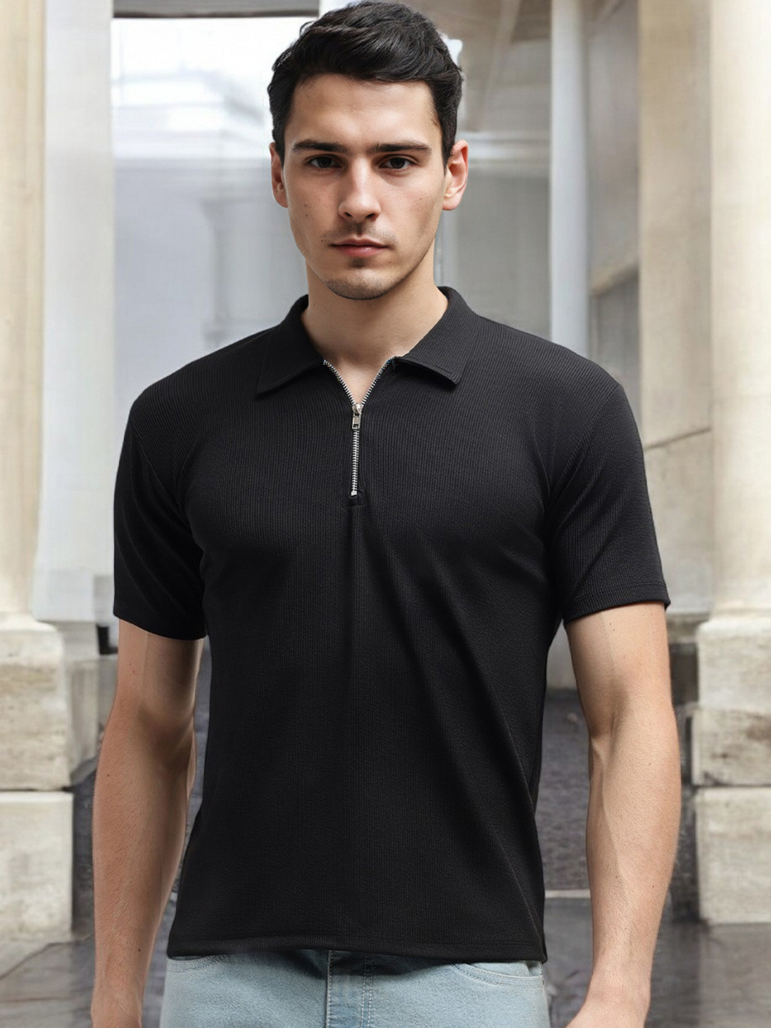 FARROWX Men Self Knitted Zipper Polo Collar T-shirt