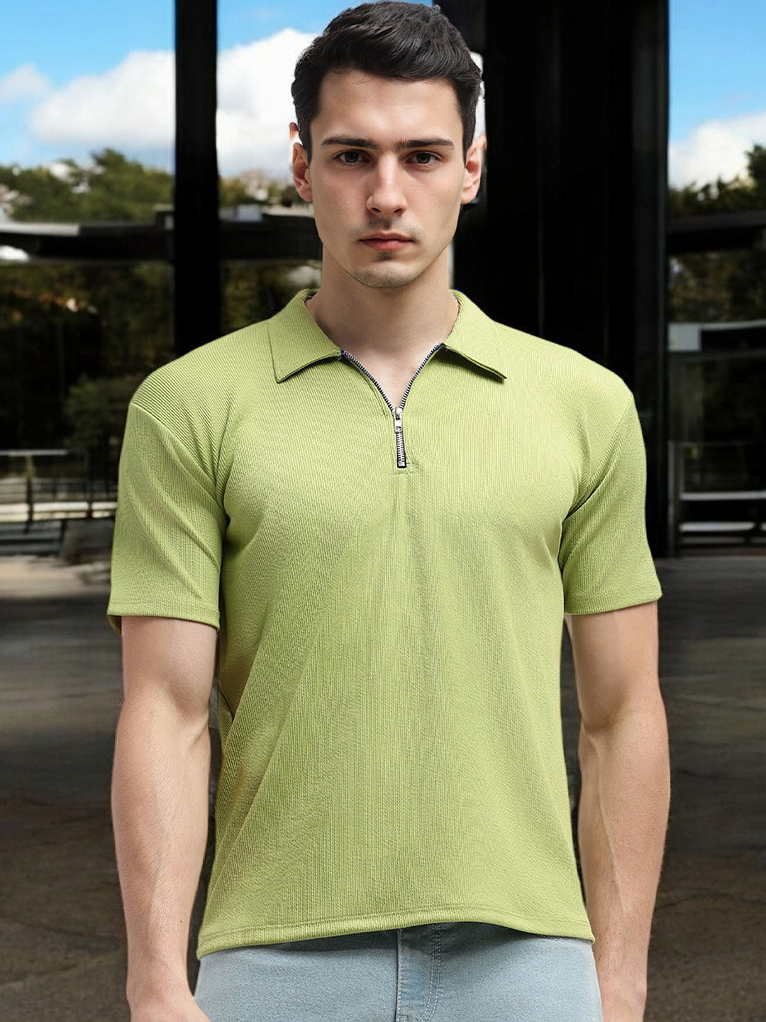 FARROWX Men Self Knitted Zipper Polo Collar T-shirt