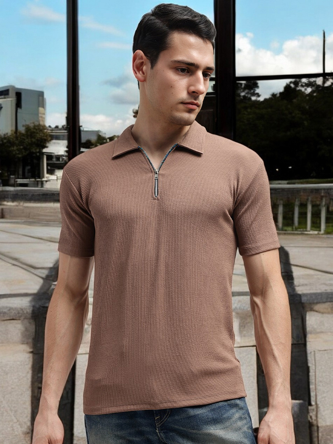 FARROWX Men Self Knitted Zipper Polo Collar T-shirt