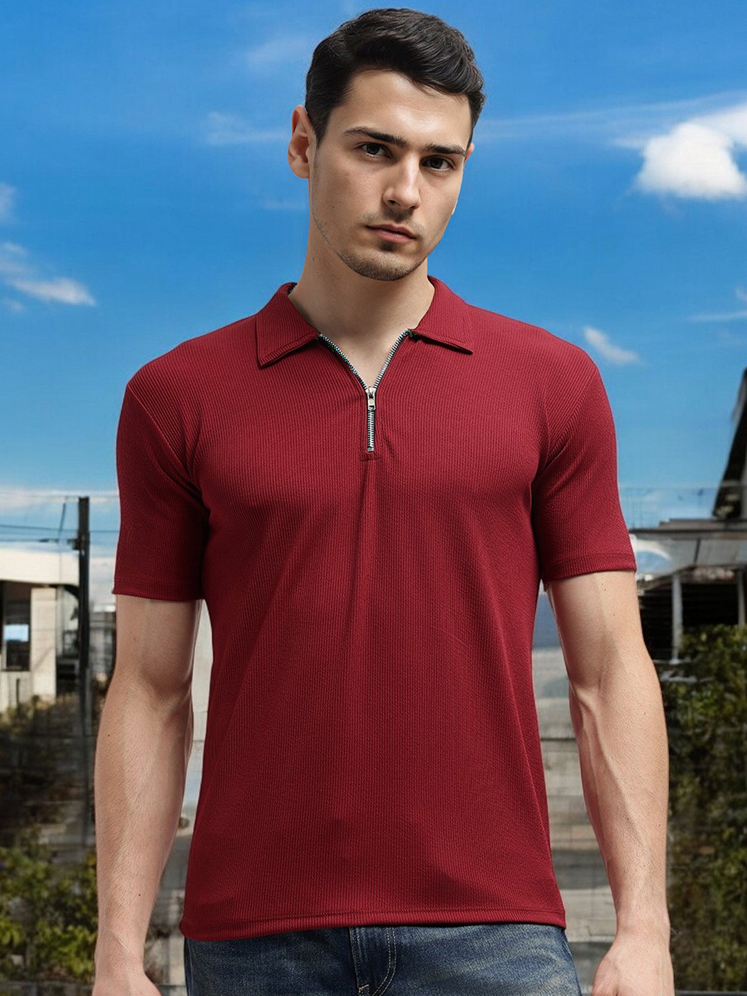 FARROWX Men Self Knitted Zipper Polo Collar T-shirt