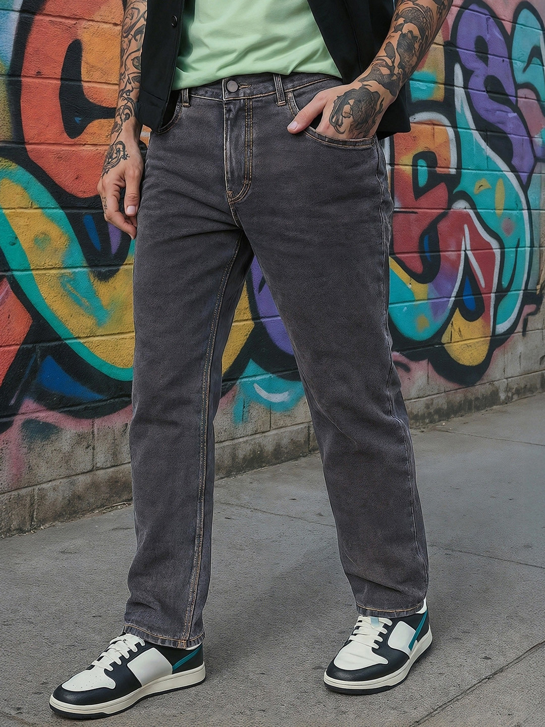 Bewakoof Men's Grey Slim Straight Fit Stretchable Washed Mid-Rise Jeans