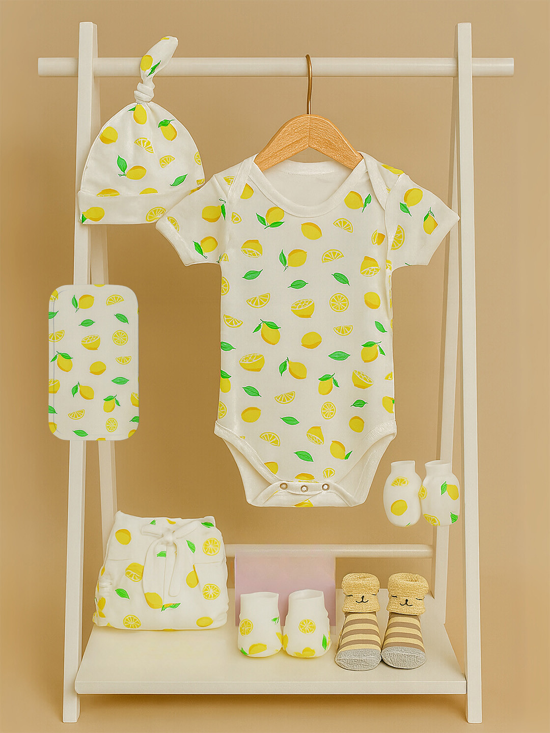 Moms Home Infants Organic Cotton Baby Shower Gift Hamper Lemon - Pack Of 7