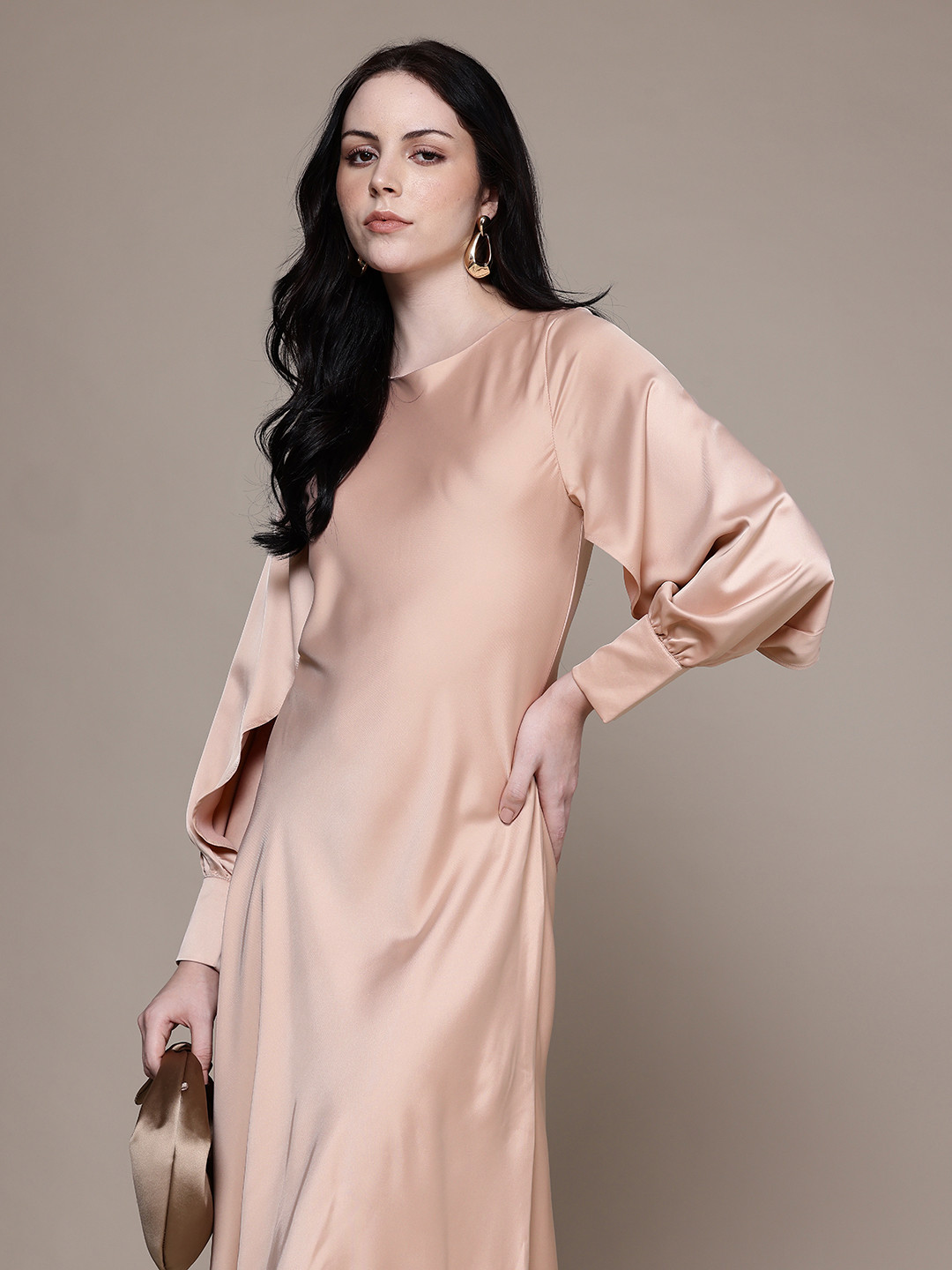 MANGO Cuffed Sleeves Satin-Finish Party Midi A-Line Dress