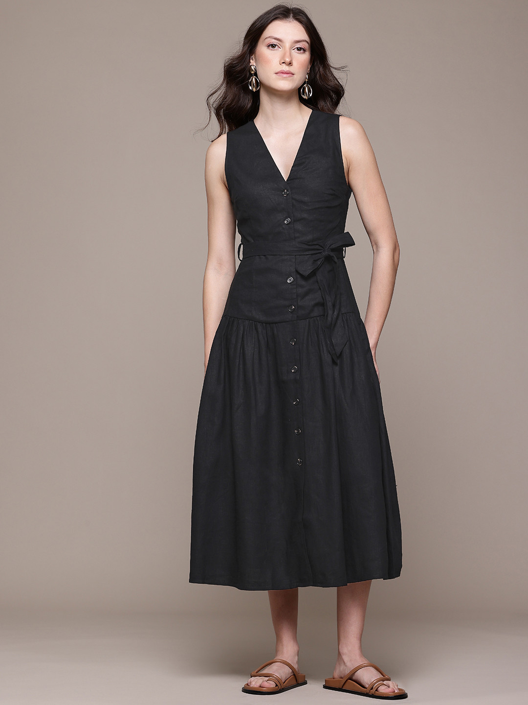 MANGO Linen Shirt  Style Midi Dress With Belt