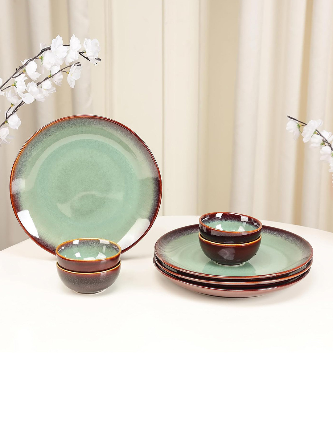 THE WHITE SPACE LIVING Reactive Glaze Green Solid Stoneware Microwave Safe 8 Piece Dinner Set