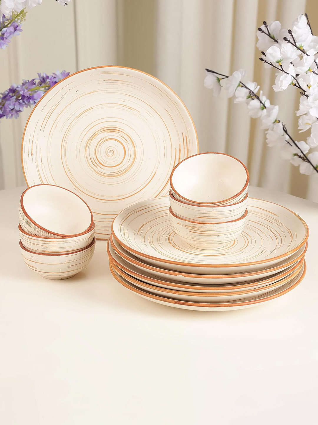 THE WHITE SPACE LIVING Reactive Glaze Cream Solid Stoneware Dishwasher and Microwave Safe 12 Piece Dinner Set