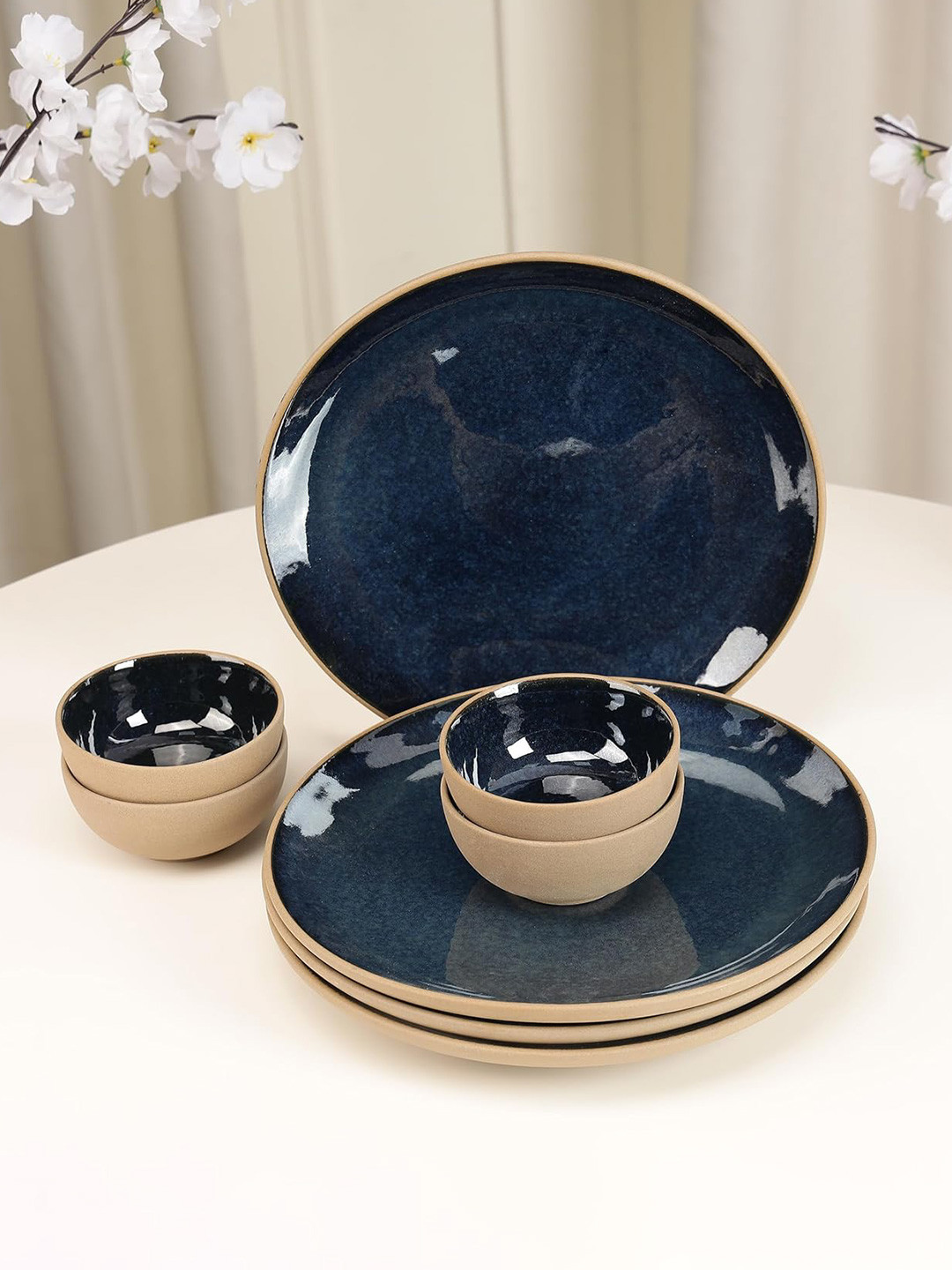 THE WHITE SPACE LIVING Reactive Glaze Navy Blue Solid Stoneware Microwave Safe 8 Piece Dinner Set