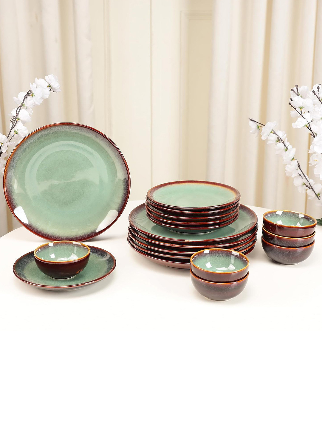 THE WHITE SPACE LIVING Reactive Glaze Green Solid Stoneware Microwave Safe 18 Piece Dinner Set
