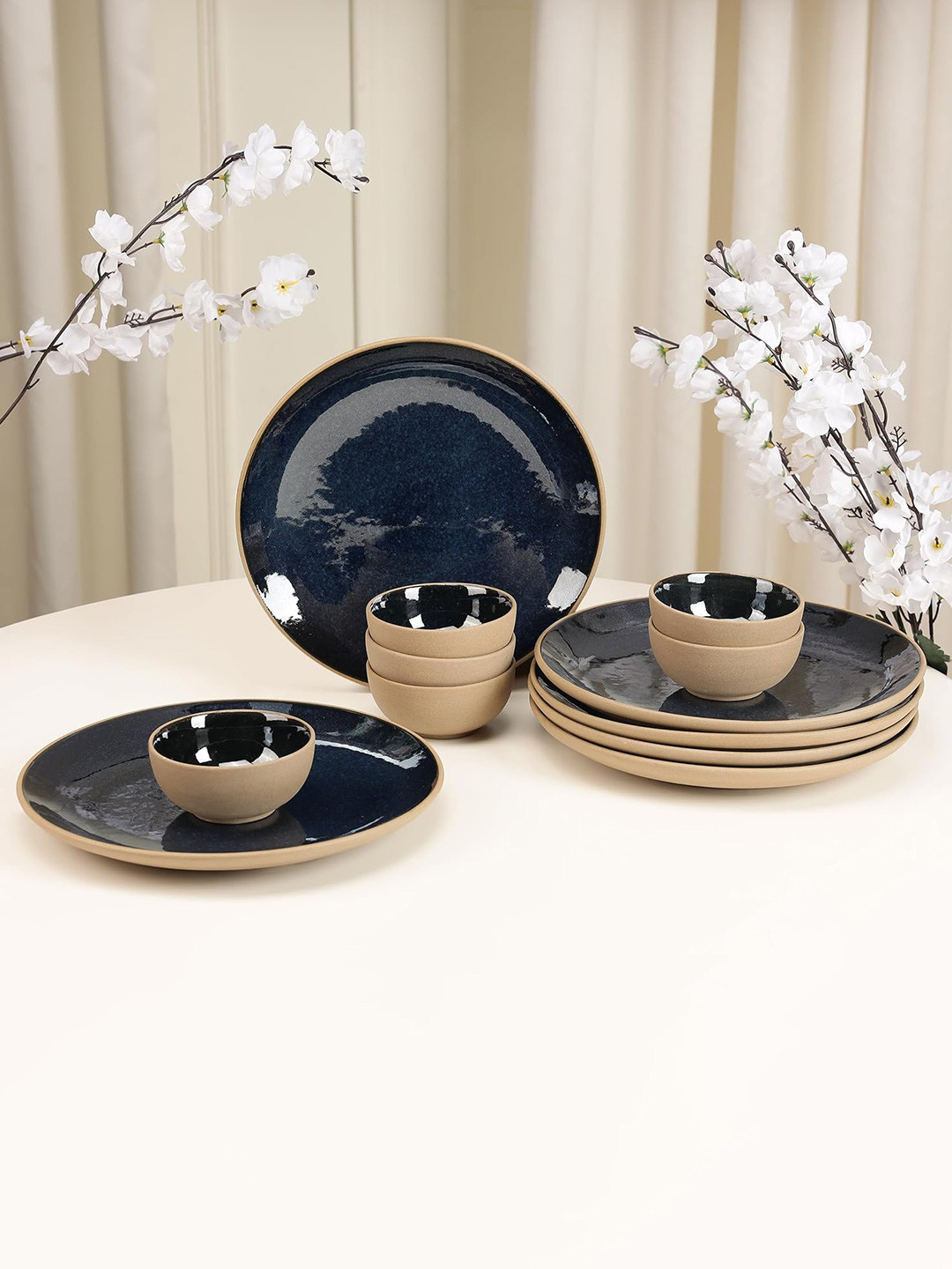 THE WHITE SPACE LIVING Reactive Glaze Navy Blue Solid Stoneware Dishwasher and Microwave Safe 12 Piece Dinner Set
