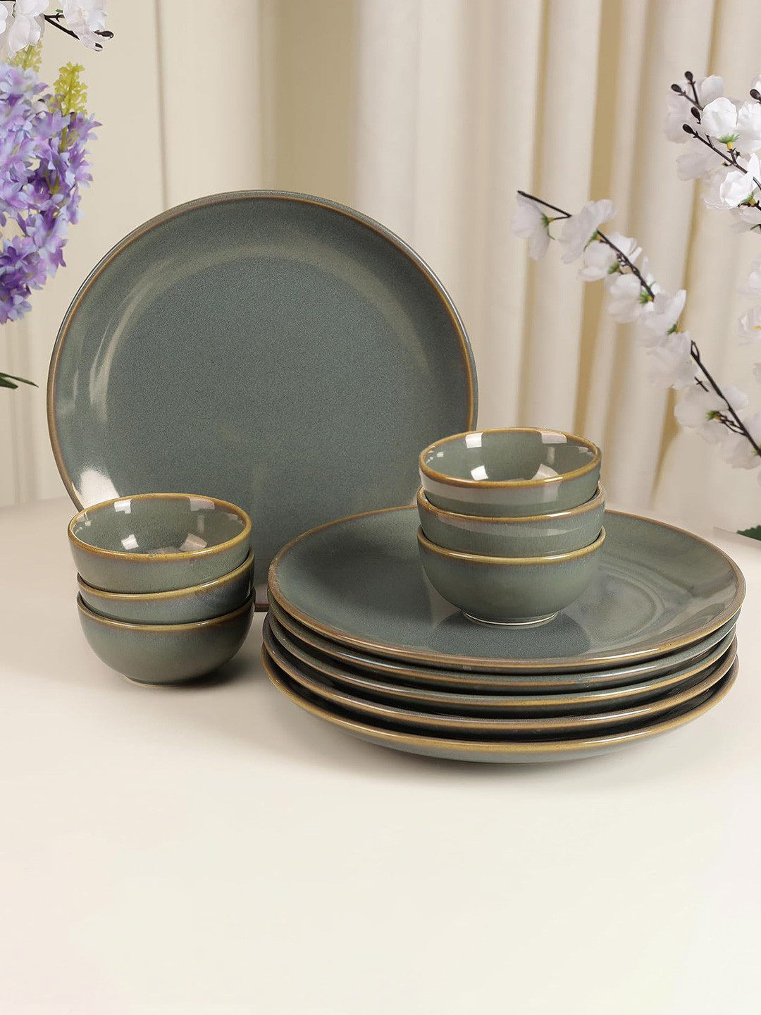 THE WHITE SPACE LIVING Reactive Glaze Olive Solid Stoneware Dishwasher and Microwave Safe 12 Piece Dinner Set