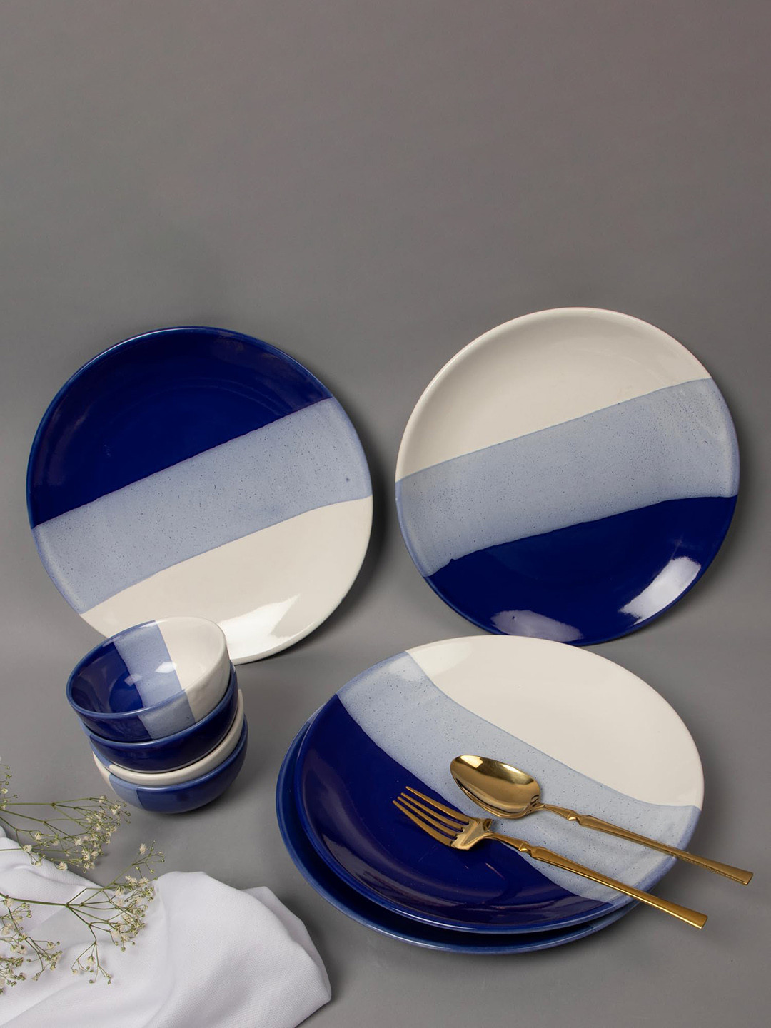 THE WHITE SPACE LIVING Blue 2025 8 Pieces Ceramic Dishwasher and Microwave Safe Dinner Set of