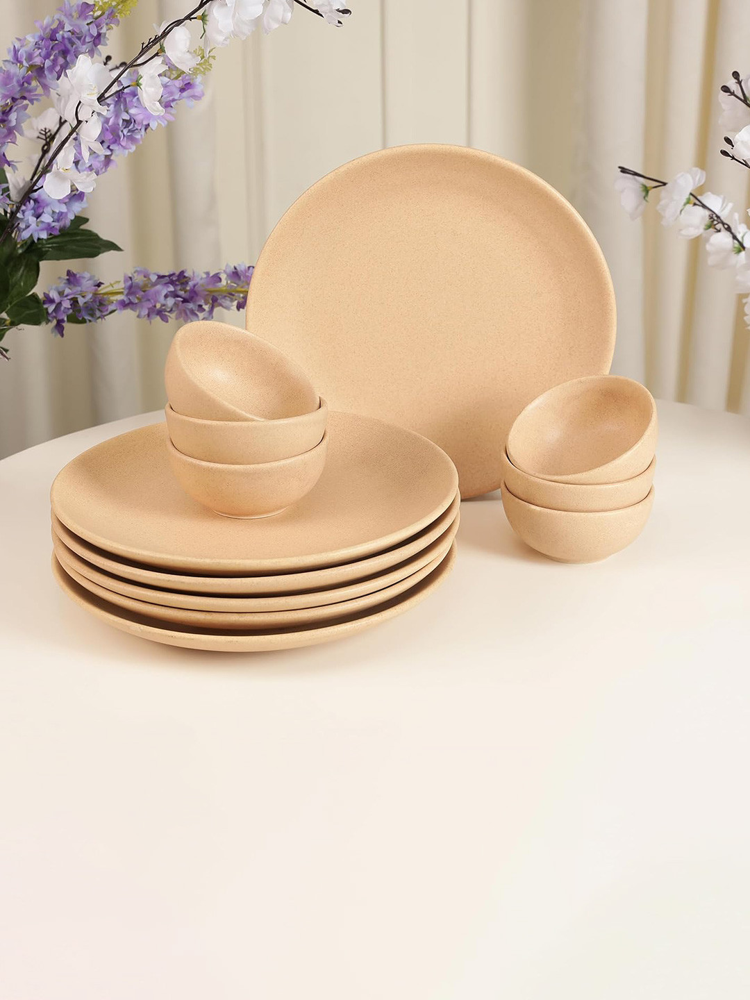 THE WHITE SPACE LIVING Reactive Glaze Beige Solid Stoneware Dishwasher and Microwave Safe 12 Piece Dinner Set