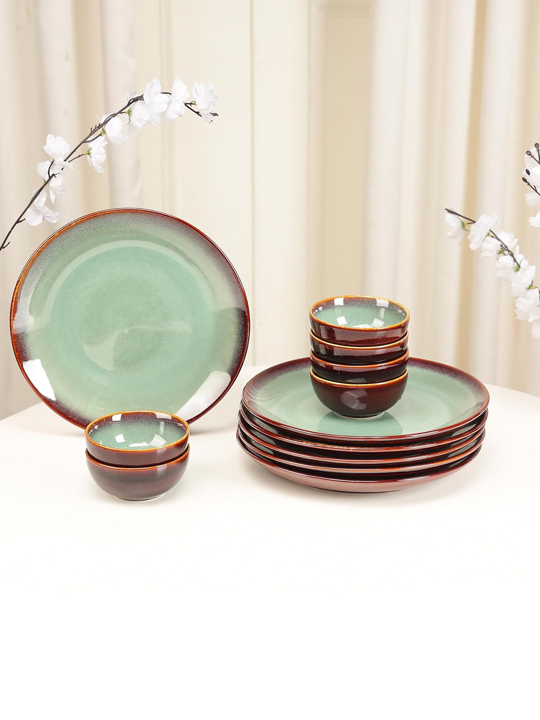 THE WHITE SPACE LIVING Reactive Glaze Green Solid Stoneware Microwave Safe 12 Piece Dinner Set