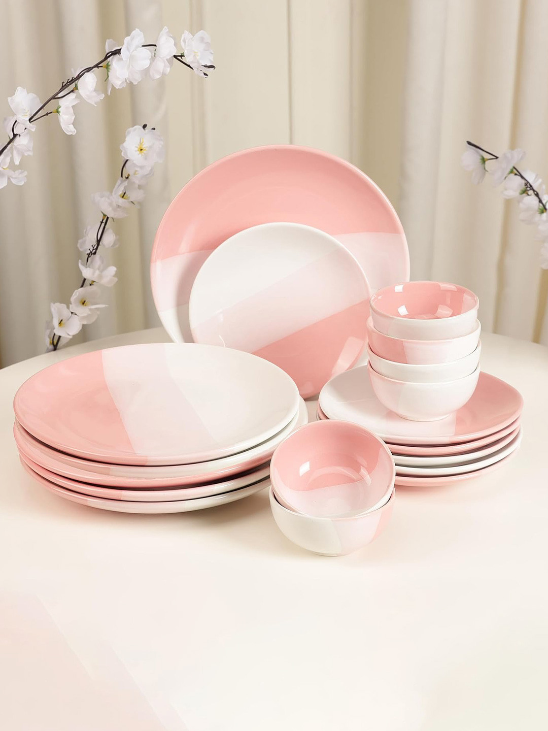 THE WHITE SPACE LIVING Reactive Glaze Pink Marble Stoneware Dishwasher and Microwave Safe 18 Piece Dinner Set