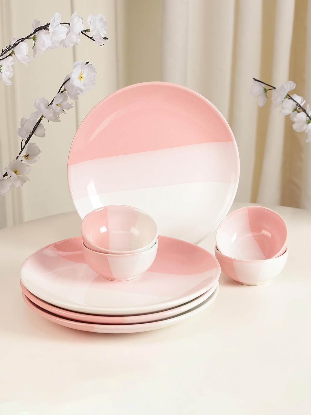 THE WHITE SPACE LIVING Reactive Glaze Pink Geometric Stoneware Microwave Safe 8 Piece Dinner Set
