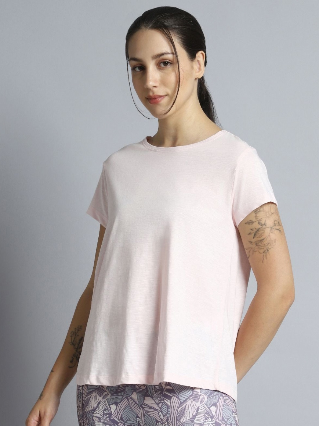 CULT Women Solid Pink Yoga Flow Short Sleeves Round Neck Cotton Top