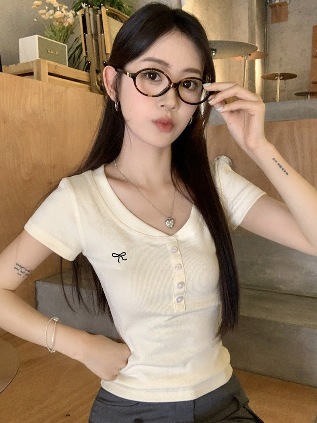 Outzidr Beige V Neck Button Relaxed Top